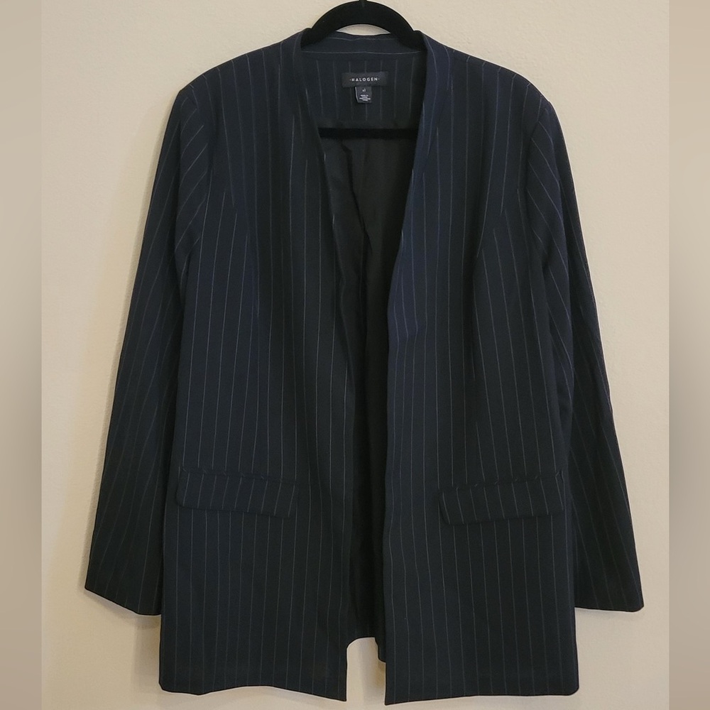 Halogen Pinstriped Navy Black Open Front Blazer Professional Office Size XL